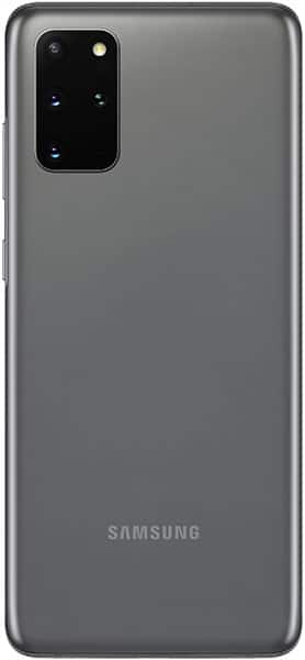Samsung Galaxy S20+ rear view, gray, showing square camera module with multiple lenses and Samsung branding