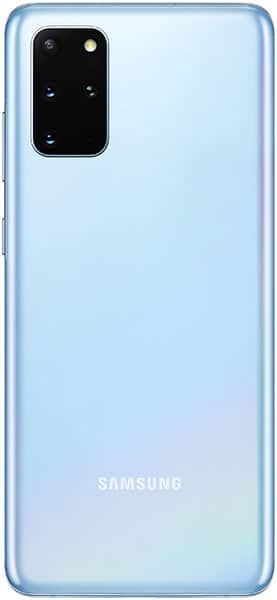 Samsung Galaxy S20+ rear view, light blue finish with camera module and Samsung logo visible