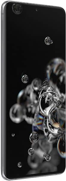 Samsung Galaxy S20 Ultra, front view with screen displaying water droplets and mechanical imagery