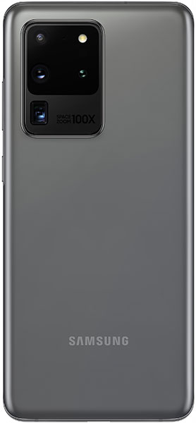 Samsung Galaxy S20 Ultra rear view, showing gray back with large camera module and "100X" zoom marking