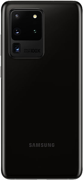 Samsung Galaxy S20 Ultra rear view showing camera array and 100X zoom label on black phone back