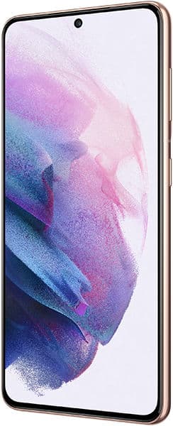 Samsung Galaxy S21 front view with abstract purple and blue gradient wallpaper on screen