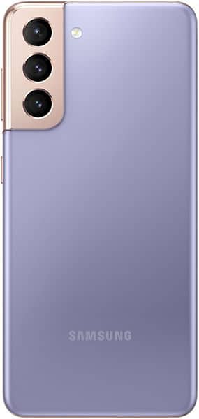 Samsung Galaxy S21 rear view, showing lavender back panel and triple-lens camera module with gold accent