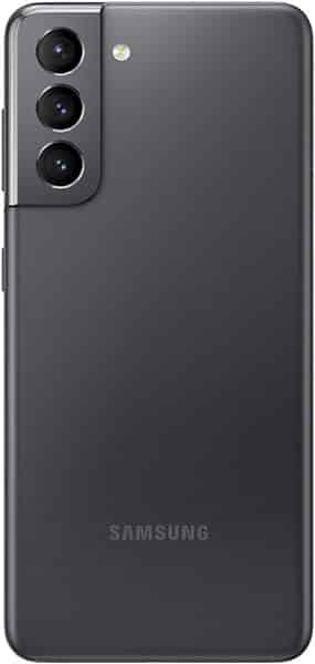 Samsung Galaxy S21 rear view, showing dark gray body with triple camera lens cluster and Samsung branding