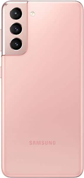 Samsung Galaxy S21 rear view in pink, showing triple camera lens array and Samsung logo