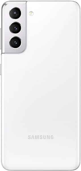 Samsung Galaxy S21 rear view showing white back with three-lens camera array on upper left side