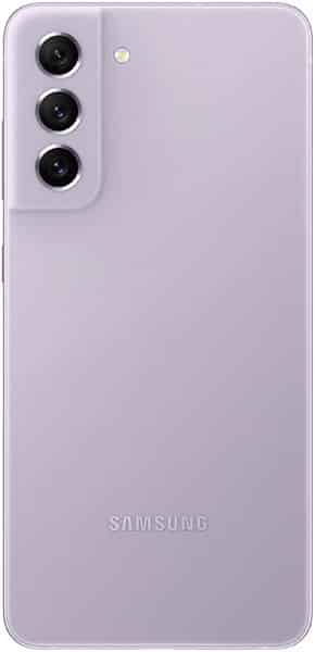 Samsung Galaxy S21 FE rear view, lavender color, triple camera setup on left side, Samsung logo centered below