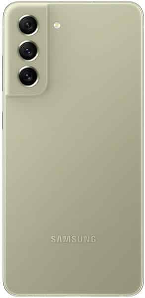 Samsung Galaxy S21 FE rear view, sage green back with triple camera array and Samsung logo