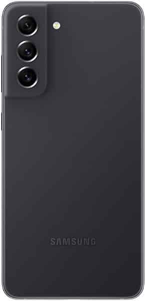 Samsung Galaxy S21 FE rear view, charcoal black, triple camera lens array on upper left corner
