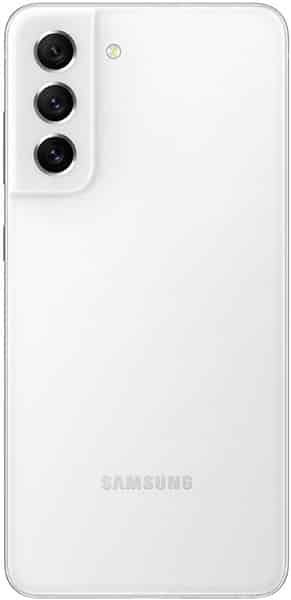 Samsung Galaxy S21 FE rear view, white phone with triple camera setup on left side and Samsung logo centered on back