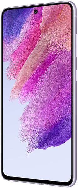 Samsung Galaxy S21 FE, front view, displaying colorful purple and pink gradient on screen