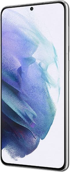 Samsung Galaxy S21+ front view with abstract blue and teal gradient wallpaper on screen
