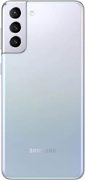 Samsung Galaxy S21+ rear view, white to blue gradient back, triple camera lens setup on upper left, Samsung logo centered lower back