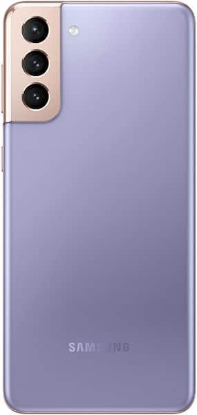 Samsung Galaxy S21+ rear view with lavender finish, triple camera array on upper left corner, and Samsung branding at bottom center