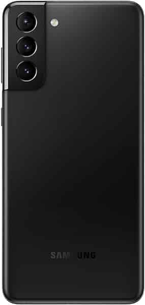 Samsung Galaxy S21+ rear view showing black finish with triple camera setup and Samsung branding