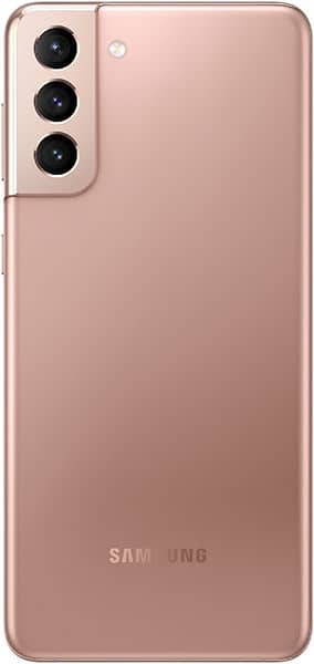 Samsung Galaxy S21+ rear view in rose gold with triple camera lens module on left side