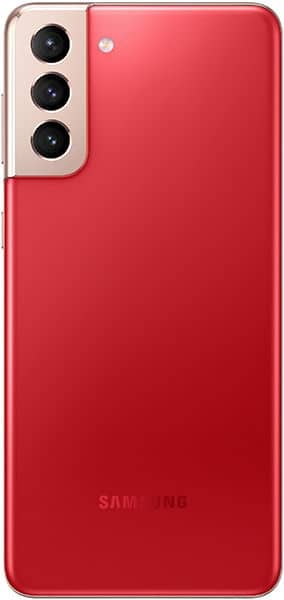 Samsung Galaxy S21+ rear view, red finish with triple camera array and Samsung logo