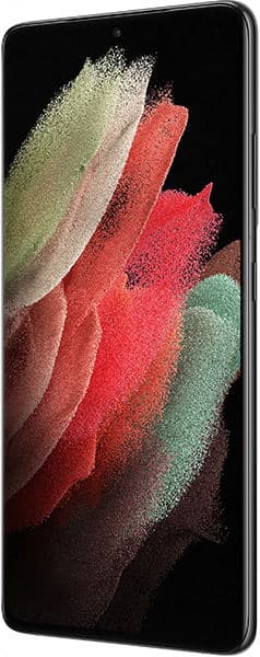 Samsung Galaxy S21 Ultra in black, side angle view, thin bezels, centered front camera, abstract swirl wallpaper on display.