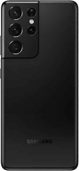 Rear view of black Samsung Galaxy S21 Ultra, displaying multiple camera lenses and Samsung logo at the bottom.