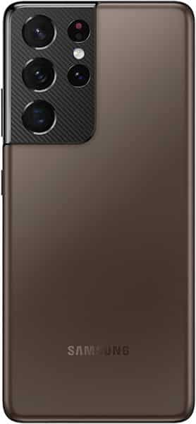 Rear view of brown Samsung Galaxy S21 Ultra with four rear cameras, flash in top left, and Samsung logo centered at the bottom.