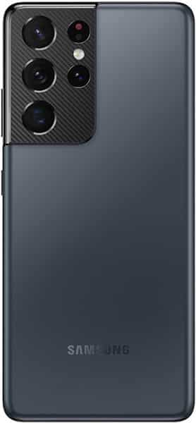 Samsung Galaxy S21 Ultra, rear view; dark gray finish, quad-lens camera and flash in upper left, Samsung logo at lower back.