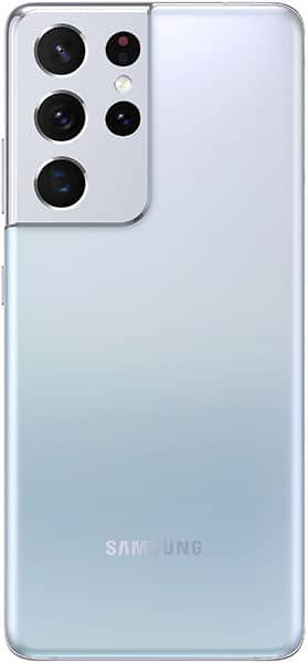 Rear view of silver Samsung Galaxy S21 Ultra showing quad cameras and sensors in top-left module; Samsung logo at bottom center.