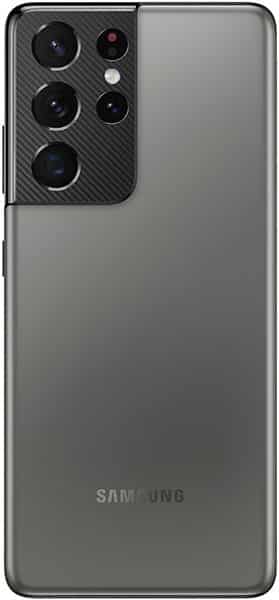 Rear view of Samsung Galaxy S21 Ultra in metallic gray, showing quad cameras, flash in top left module, and Samsung logo below.