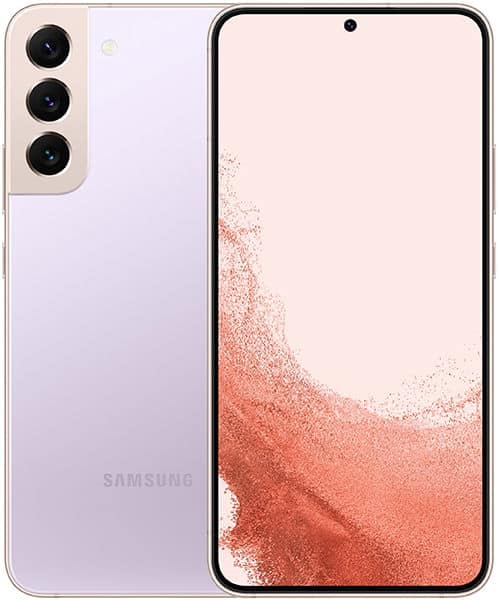 Samsung Galaxy S22+ front and rear view, lavender color, showing triple rear camera setup and display with red particle wallpaper