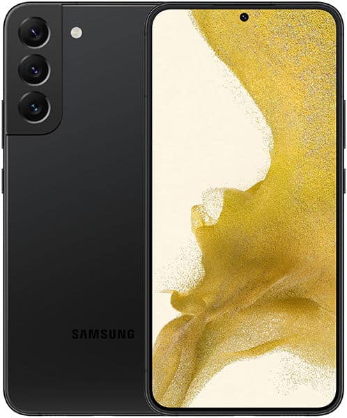 Samsung Galaxy S22+ front view showing black device with triple rear camera setup and gold abstract wallpaper on display screen