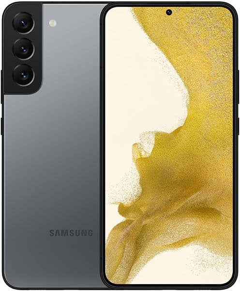 Samsung Galaxy S22+ front view, gray, displaying gold and cream abstract wallpaper on screen