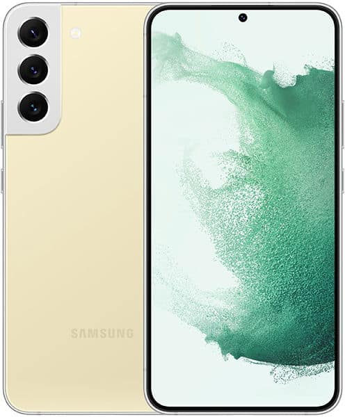 Samsung Galaxy S22+ in cream, front and rear view, with triple rear camera and green watercolor display wallpaper