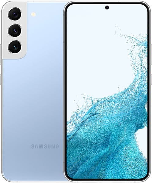 Samsung Galaxy S22+ in light blue, front and rear view showing triple rear camera setup and display with teal water-like wallpaper