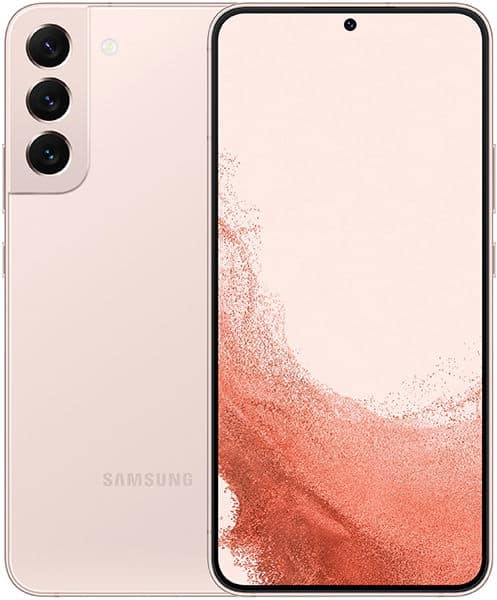 Samsung Galaxy S22+ front view, pink finish, showing display with red particle effect wallpaper and triple rear camera setup