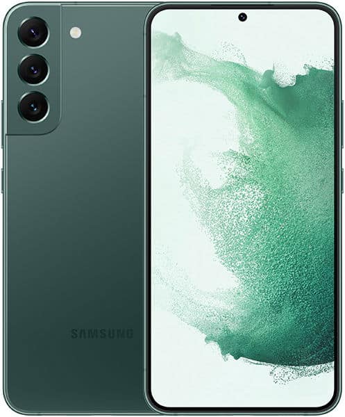 Samsung Galaxy S22+ front and rear view, green finish, showing triple rear camera system and display with green abstract wallpaper