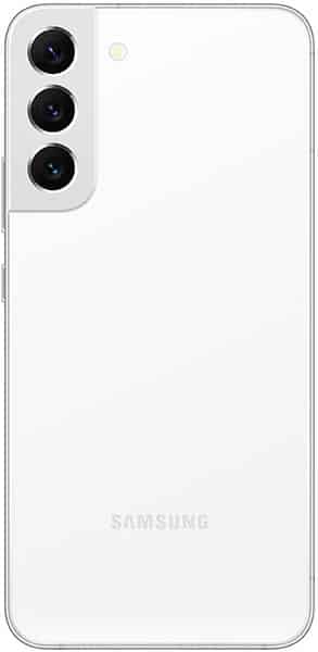 Samsung Galaxy S22+ rear view showing white back panel with triple black camera lenses aligned vertically on upper left corner