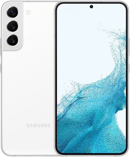 Samsung Galaxy S22+ front and rear view, white, showing triple rear camera array and display with blue water design wallpaper