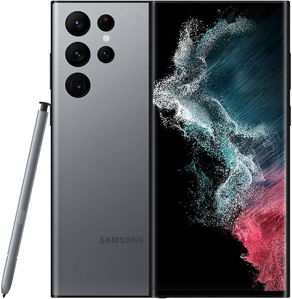 Samsung Galaxy S22 Ultra rear view showing gray back with five camera lenses, S Pen stylus, and display with abstract particle artwork