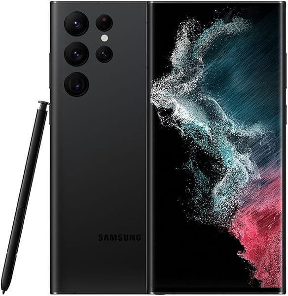 Samsung Galaxy S22 Ultra rear view in black, showing five camera lenses and S Pen stylus alongside display with abstract particle art