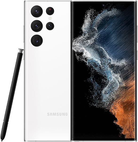 Samsung Galaxy S22 Ultra, rear view, white finish with five-lens camera array, displayed with S Pen stylus beside it
