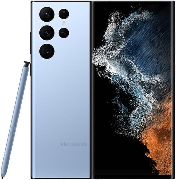 Samsung Galaxy S22 Ultra rear view in light blue, showing five-lens camera array, S Pen stylus, and display with particle effect wallpaper