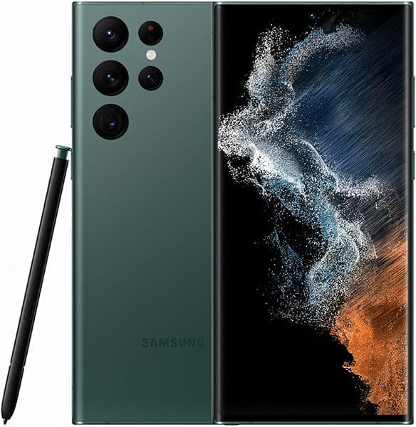 Samsung Galaxy S22 Ultra rear and front view, showing green back with five cameras and S Pen stylus, plus display with particle effect wallpaper
