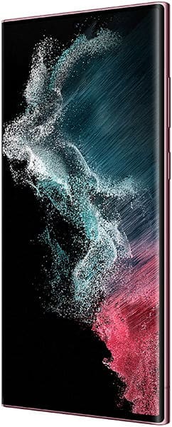 Samsung Galaxy S22 Ultra, front view, displaying abstract particle effect wallpaper with white, teal, and pink gradients on screen