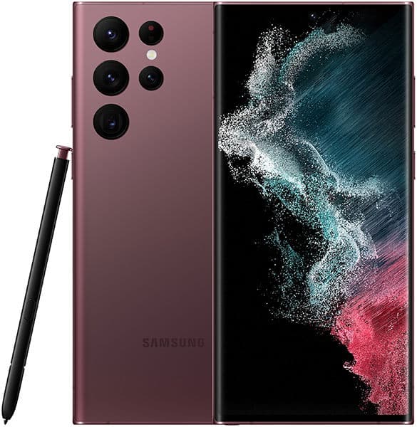 Samsung Galaxy S22 Ultra front and rear view, burgundy finish with five rear cameras and S Pen stylus, displaying abstract particle wallpaper on screen
