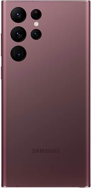 Samsung Galaxy S22 Ultra rear view showing burgundy finish and five-camera lens array