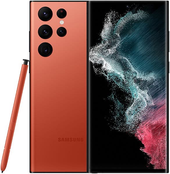 Samsung Galaxy S22 Ultra rear view in coral red with five-lens camera system and S Pen stylus alongside display showing colorful particle effect wallpaper
