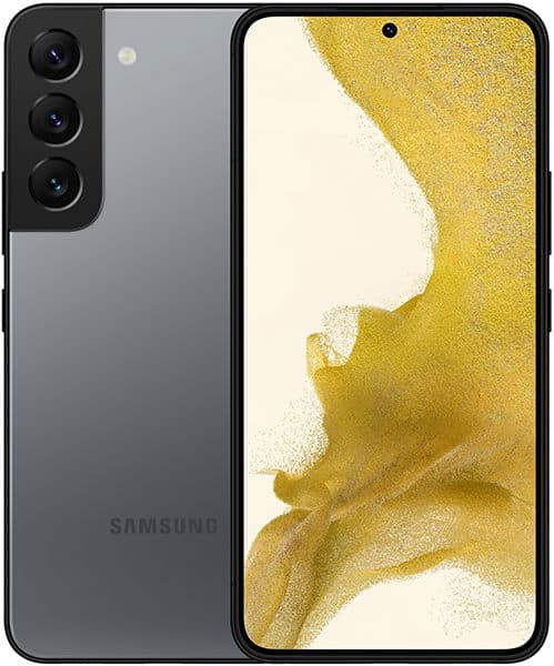 Samsung Galaxy S22 shown front and rear; slim-bezel display, centered punch-hole camera, triple rear cameras, Samsung logo.