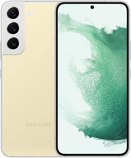 Samsung Galaxy S22 in beige shown front and rear; triple rear cameras (top left), edge-to-edge screen with green abstract wallpaper.