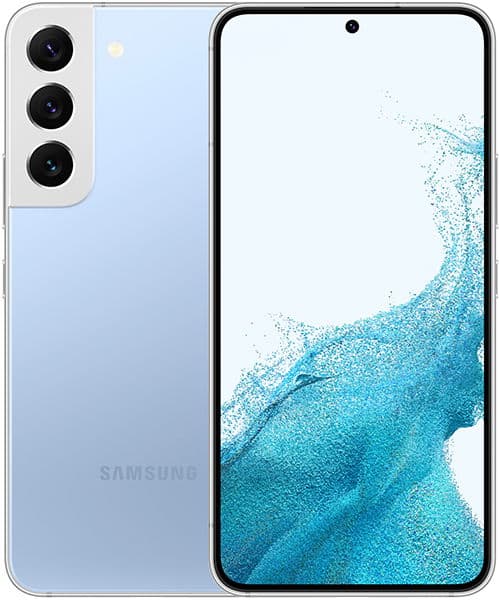 Samsung Galaxy S22 in light blue, shown front and rear; triple rear cameras left-aligned, thin bezels, center punch-hole camera.
