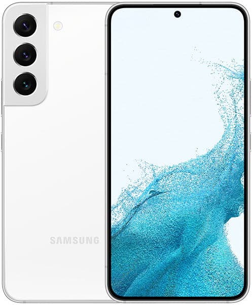 White Samsung Galaxy S22 shown front and rear; front displays blue abstract screen, rear shows three vertical cameras.