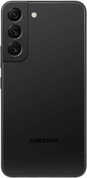 Rear view of black Samsung Galaxy S22 showing three vertical cameras, flash at top left, and Samsung logo near the bottom.